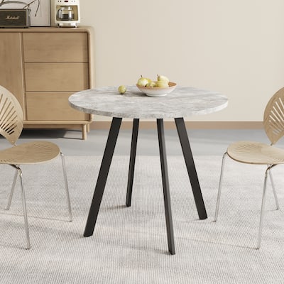 Modern Round Dining Table with Gray Cement Texture, Coffee Table with Triangular Iron Legs, Anti-Slip Feet