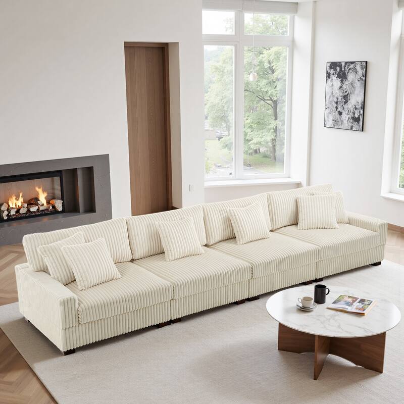 Modular Cotton Flannel Plush Sectional Sofa with Ottomans - White-4 piece