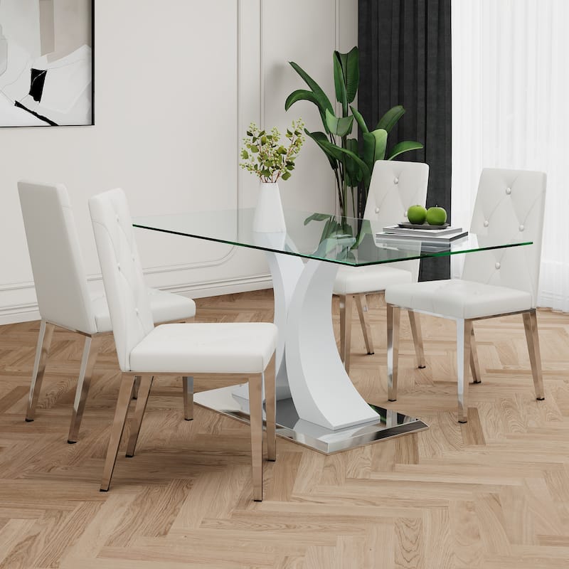 Modern Style Glass Table, Electroplated Chair Legs,Suitable For Restaurant Kitchens(Set of 5) - White