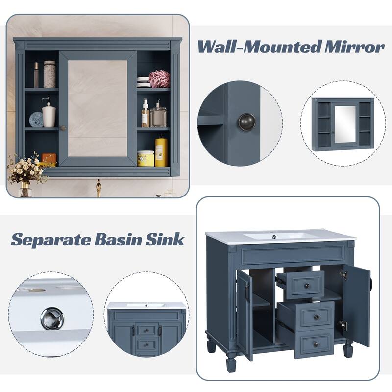 36'' Bathroom Vanity with Top Sink, Freestanding Vanity Set with Mirror Cabinet