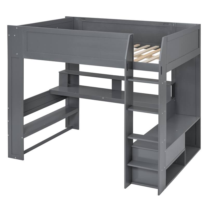 Full Size Solid Wood MDF Gaming Loft Bed with Desk, Shelves, LED, and Charging Station