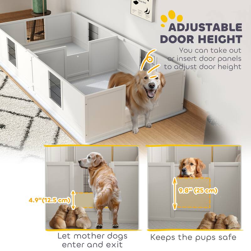 Whelping Box for Dogs and Puppies, Dog Whelping Box with Waterproof Pee Pad, Adjustable Height Door - White