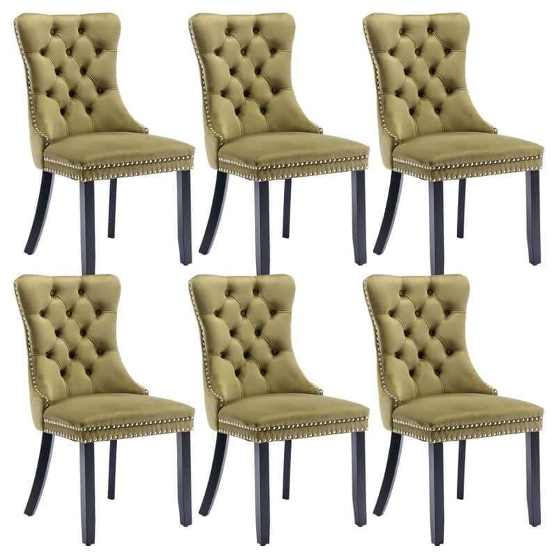 Solid Wood Velvet Upholstered Dining Chair Set of 6 - Olive