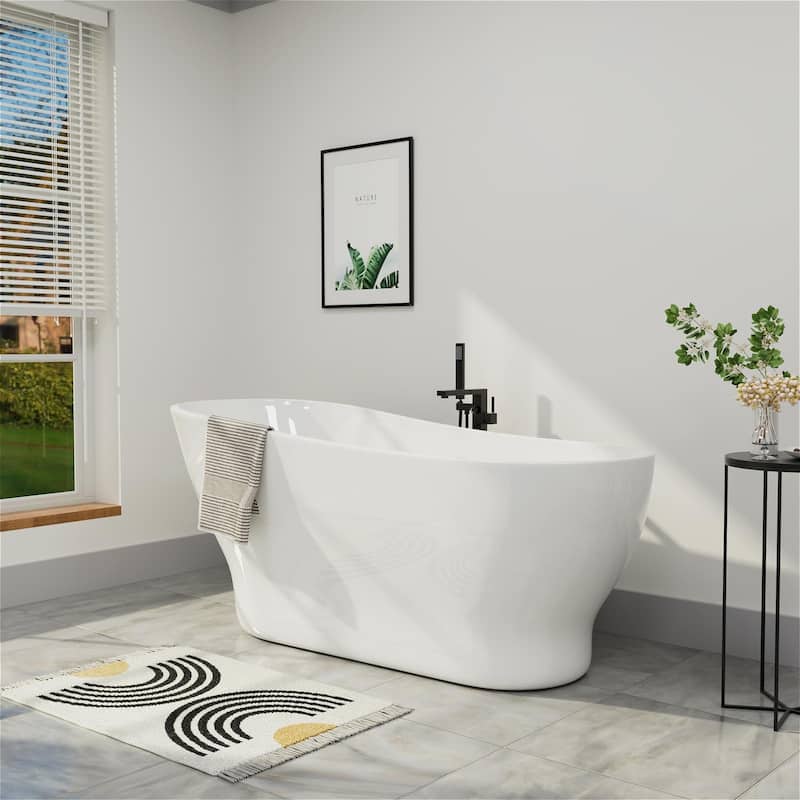 Mokleba 59"Lx28''W Freestanding Pedestal Slipper Soaking Acrylic Bathtub with Chrome Drain and Overflow - 59 inch - White