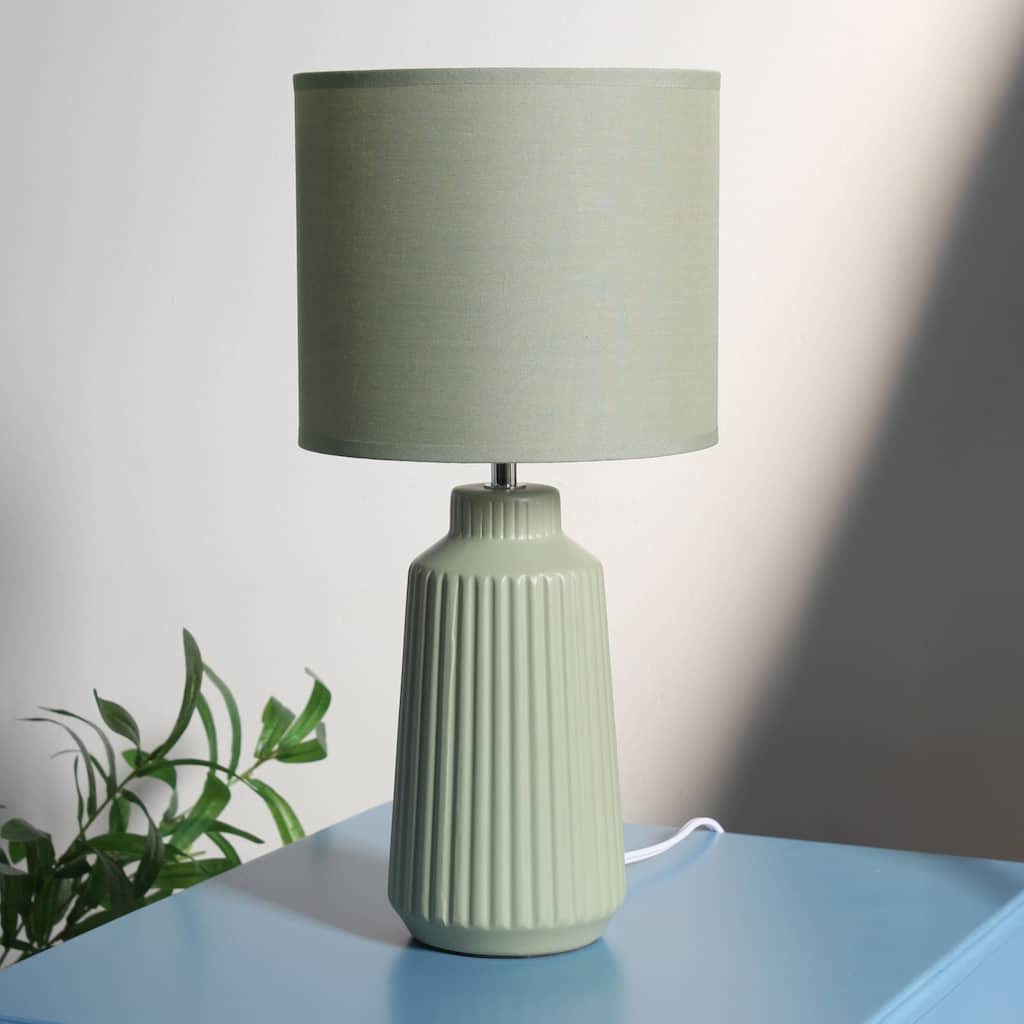 Vertical Grooved Ceramic Table Lamp with Drum Shade - 16" - Olive Green