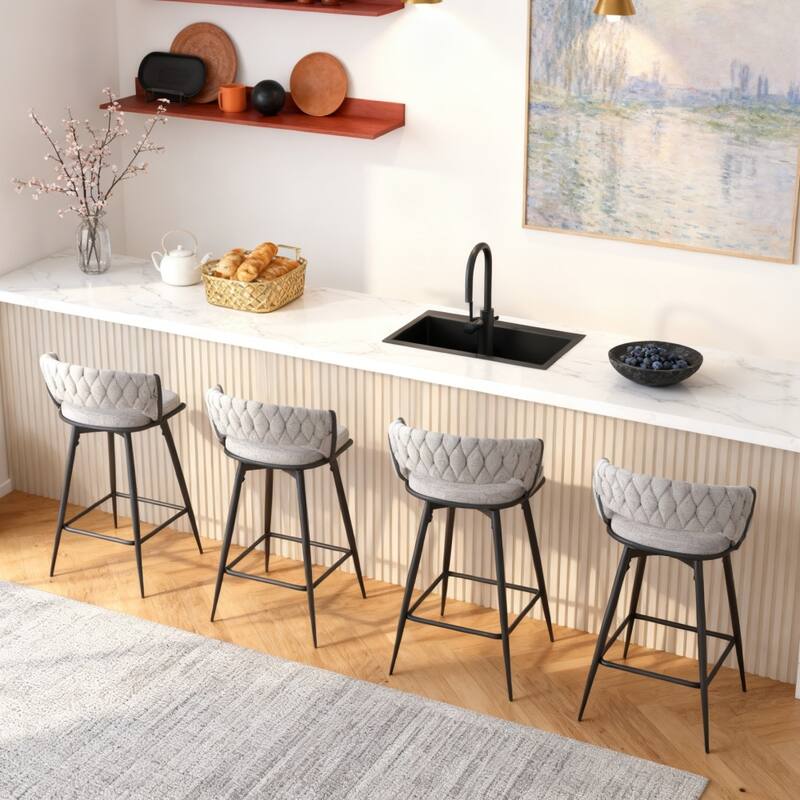 Set of 4 Swivel Bar Stools with Linen Cushions, Beige Seats & Black Iron Frames for Kitchen Island