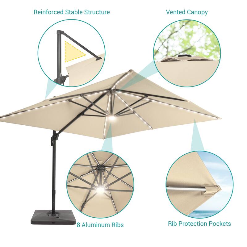 BONOSUKI 11.5x9FT LED Cantilever Patio Umbrella 360 Rotation w/Base