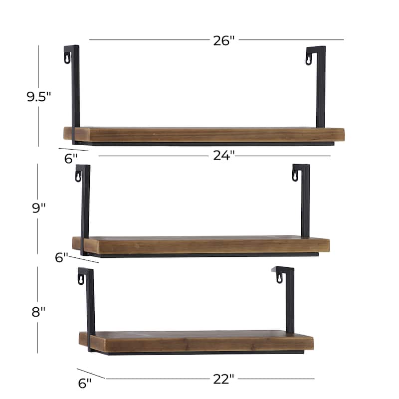 Wood Minimalistic Floating Wall Shelf with Black Metal Frames - Set of 3 Brown - Roche River Decor - 6"W x 21"L x 8"H