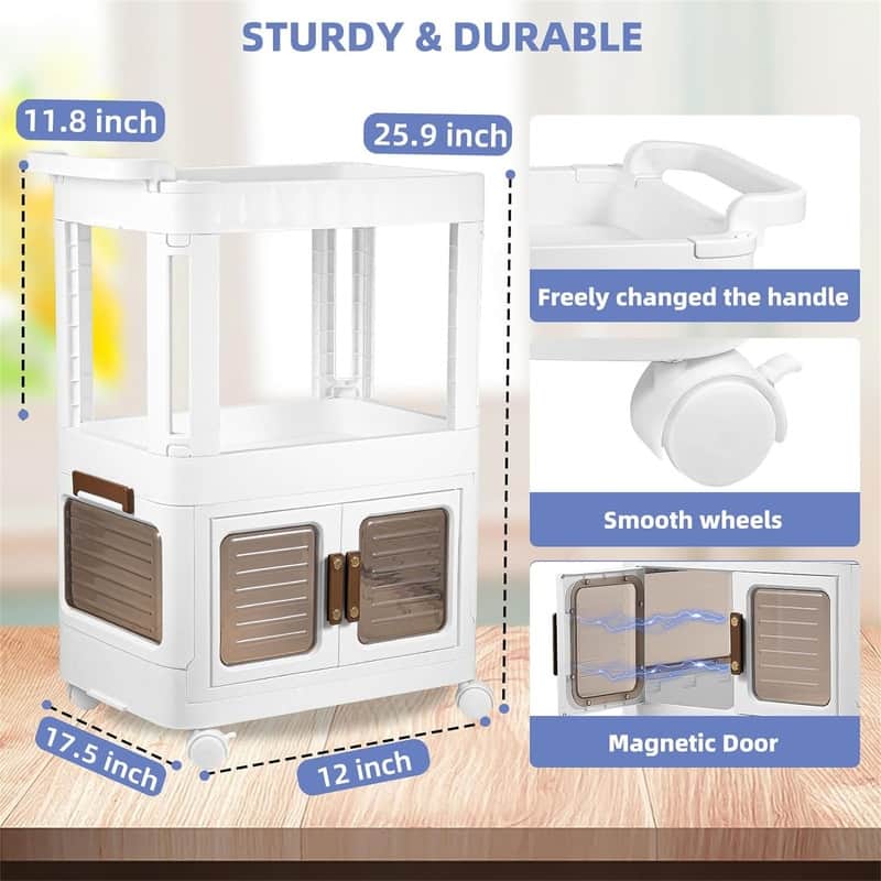 3 Tier Rolling Storage Cart Plastic Utility Cart with Handle Movable Cart - 12"D x 17.5"W x 25.9"H