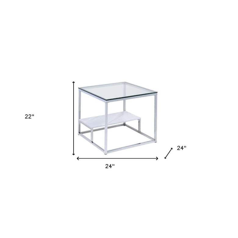 HomeRoots 22" Chrome And Clear Glass Square End Table With Shelf - 24" x 24" x 22"H