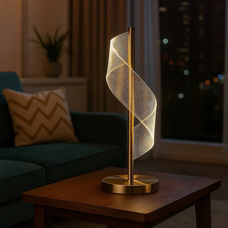 Melly 19 Inch Table Lamp, LED Swirl Ribbon Design, Acrylic, Antique Brass