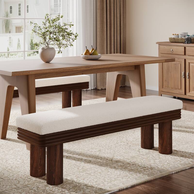 Upholstered Dining Bench, Faux Shearling Padded Seat Kitchen Accent Stool for Dining Room Living Room