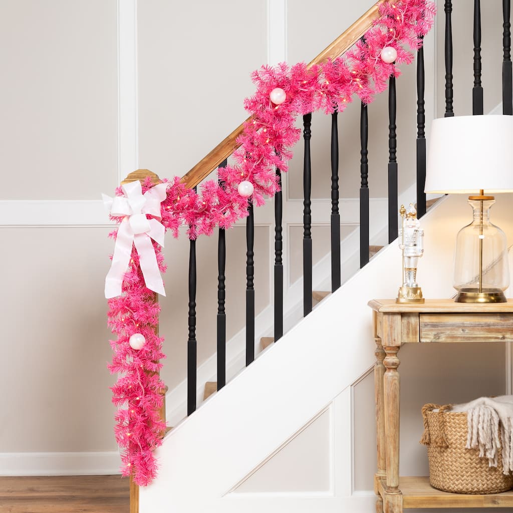 Pre-Lit Artificial Tinsel Christmas Garland - 9' x 8" - Pink - Clear Lights