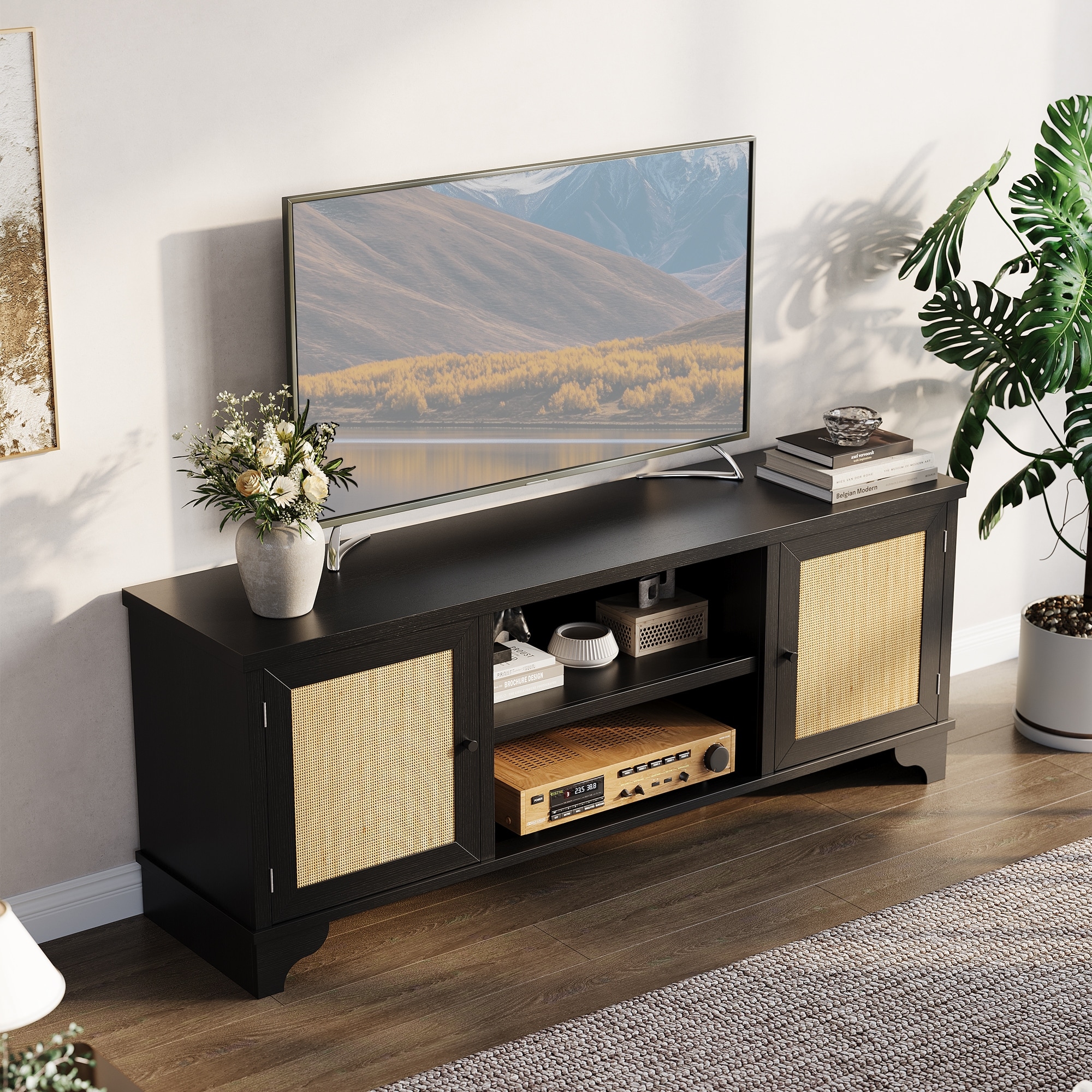 Bohemian TV Stand for 70" TVs, Media Console with 2 Door Cabinets and Open Shelves, Rattan Entertainment Center