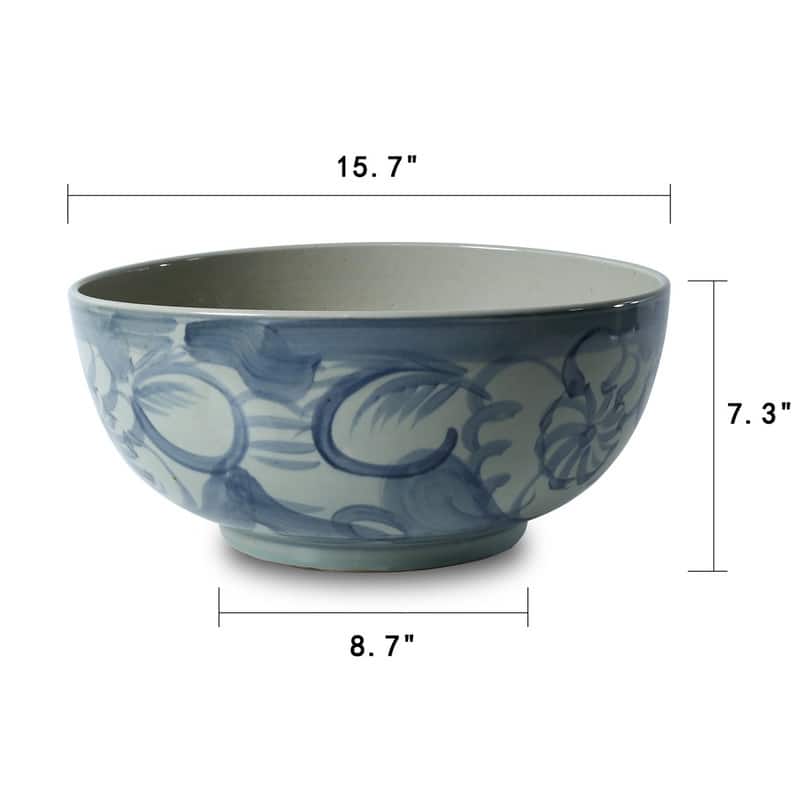 Approx. 16" Wide Blue and White Bowl with Flower Motif