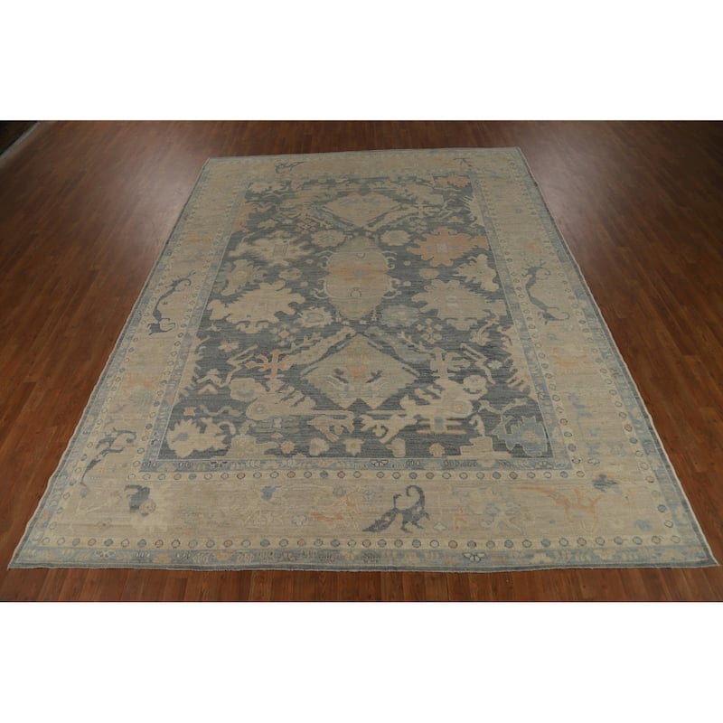 Vegetable Dye Oushak Turkish Rug Hand-Knotted Grey Wool Carpet - 9'2" x 11'10"