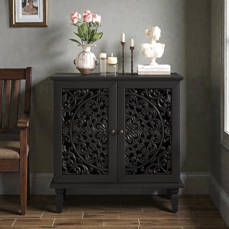 Vintage Hollow-Carved 2-Door Accent Cabinet with Floral Design, Adjustable Shelf and Solid Wood Legs, 31.5'' Sideboard - Black