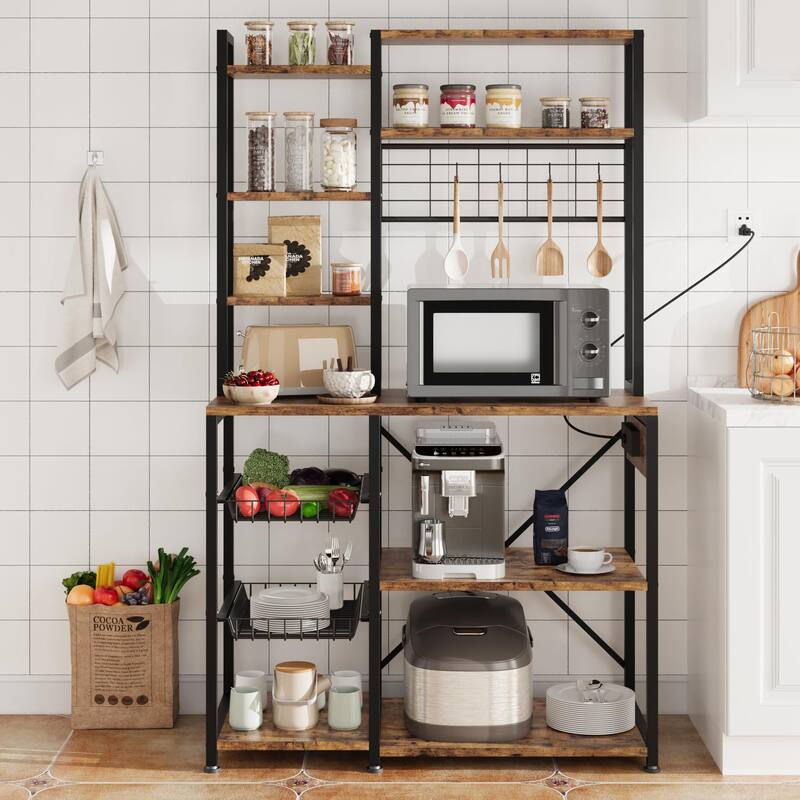 Bakers Rack with Power Outlet, Industrial Microwave Stand