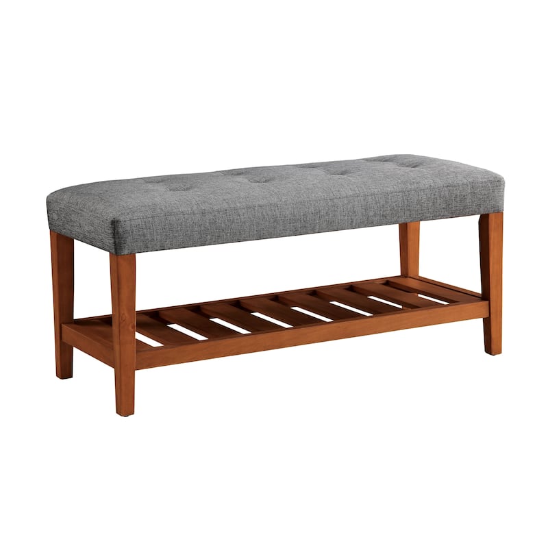 Gray Fabric and Oak Finish Bench