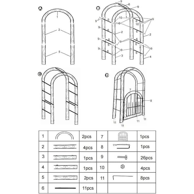 7 FT Classic Black Garden Arch, with Gate