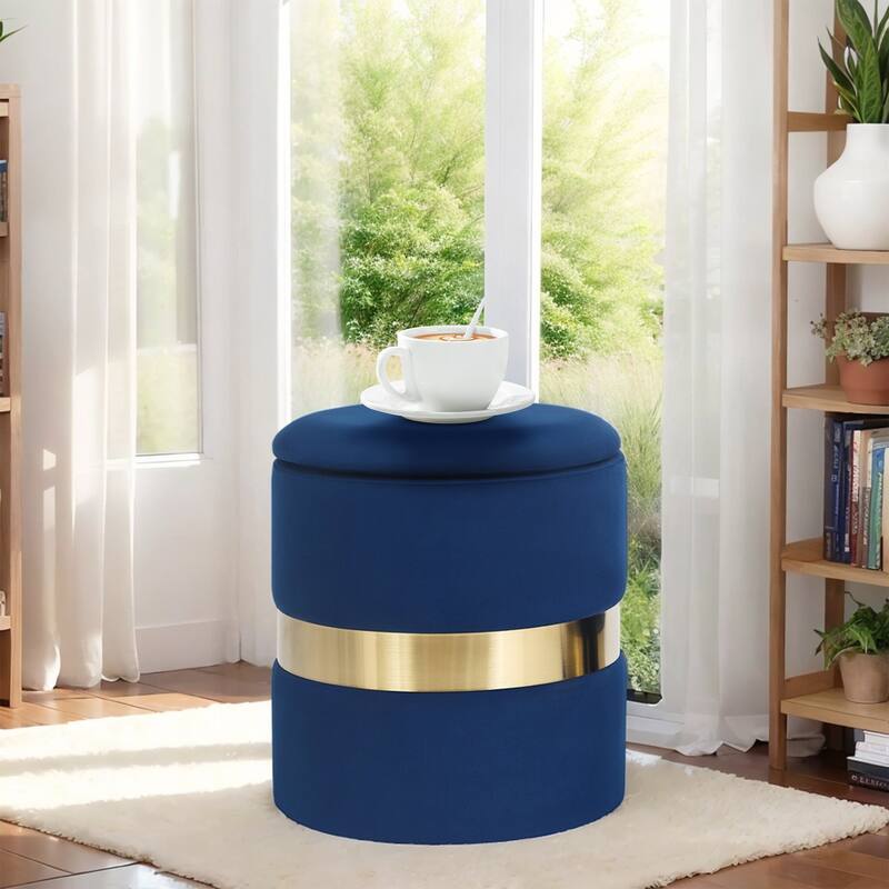 Adeco Set of 2 Velvet Storage Ottoman Round Foot Stool Metal Band