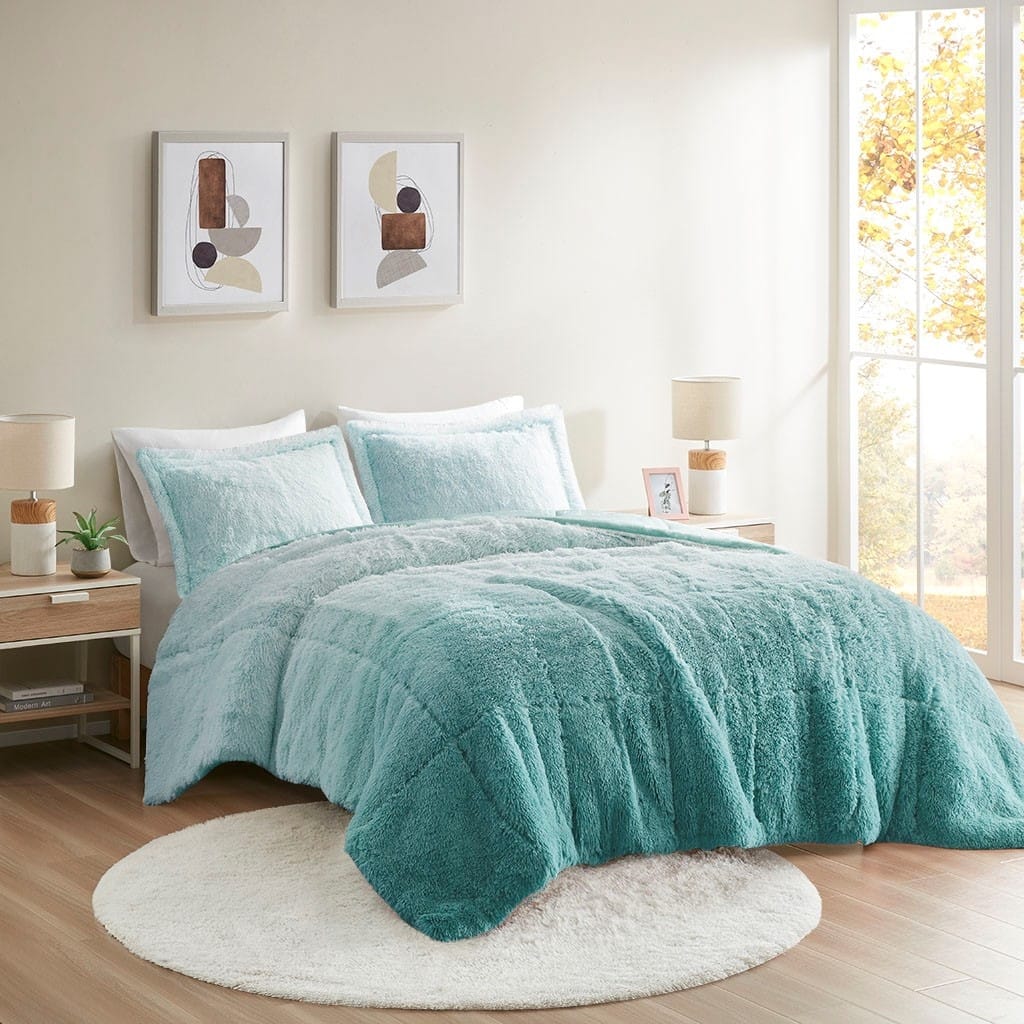King Cal King Ombre Shaggy Long Fur Comforter Mini Set