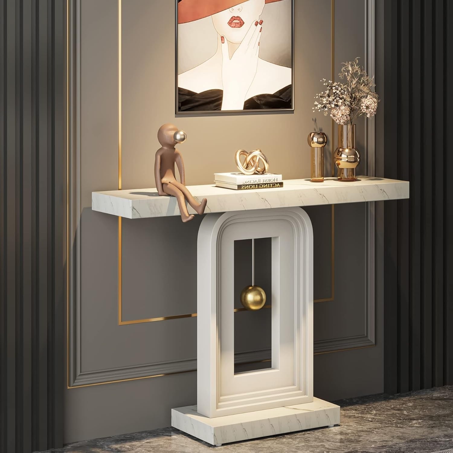 40" Modern Console Table, Faux Marble Sofa Entryway Table for Living Room, Hallway, Entrance