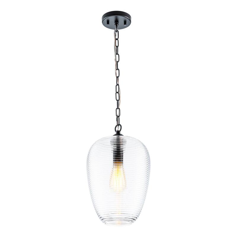 1-Light Modern Brushed Gold/Black Ribbed Clear Glass Dome Pendant Light with Adjustable Hanging Chain