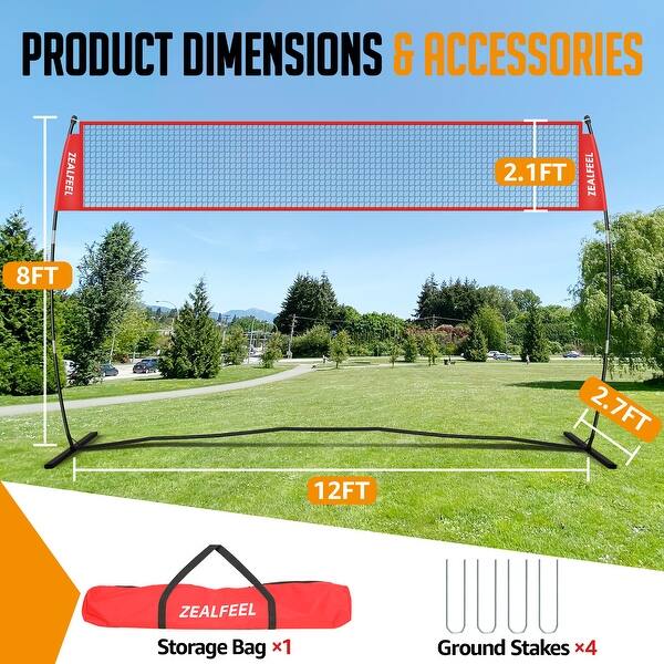 dimension image slide 1 of 2, Zealfeel 12ft Portable Volleyball Net: Height Adjustable Training Set with Carry Bag for Outdoors