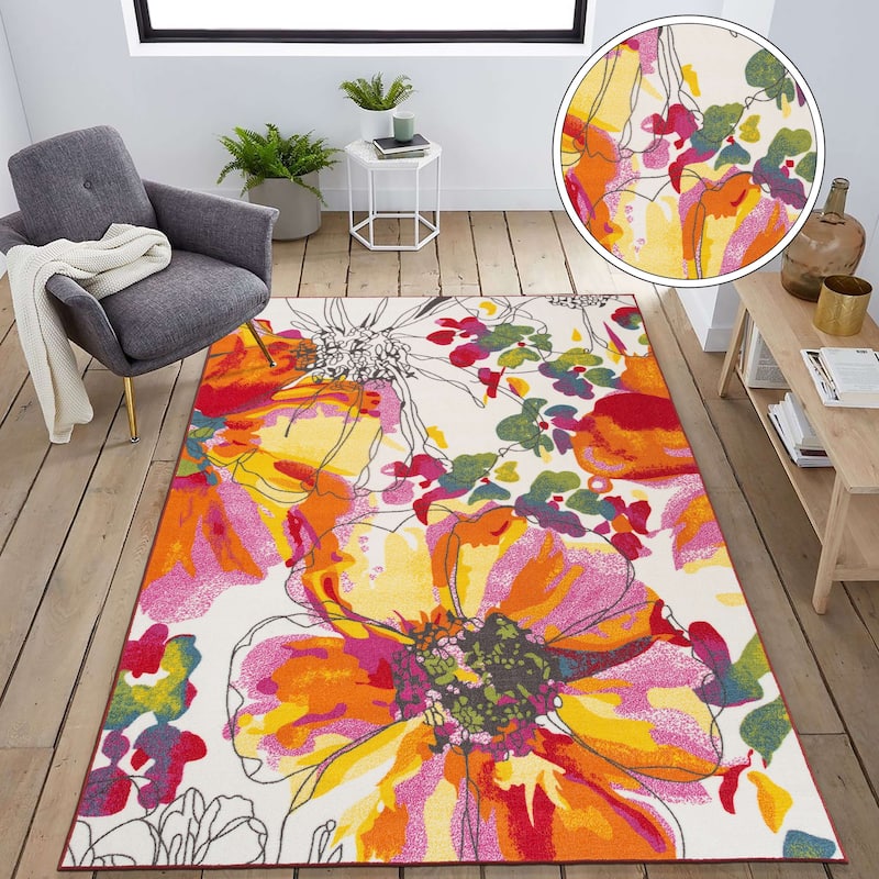 World Rug Gallery Modern Bright Flowers Non-Slip Area Rug Multi
