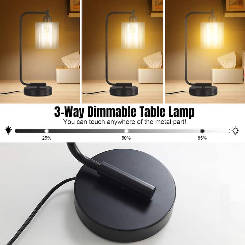Sofuor Set of 2 Touch Control Table Lamps with Type-C and USB port 3-Way Dimmable Black , Glass Shade & 2 LED Bulbs Included
