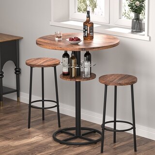 VECELO 36-inch High Round Bistro Bar Table – 23.6” Wooden Top, Metal Pedestal Base With Wine Rack, Matte Black