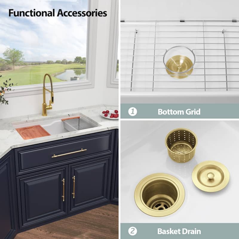 Kichae 32 Inch Ceramic Sink Undermount Workstation Single Bowl Kitchen Sink with Accessories - 32 in.W x 19 in.D x 10 in.H