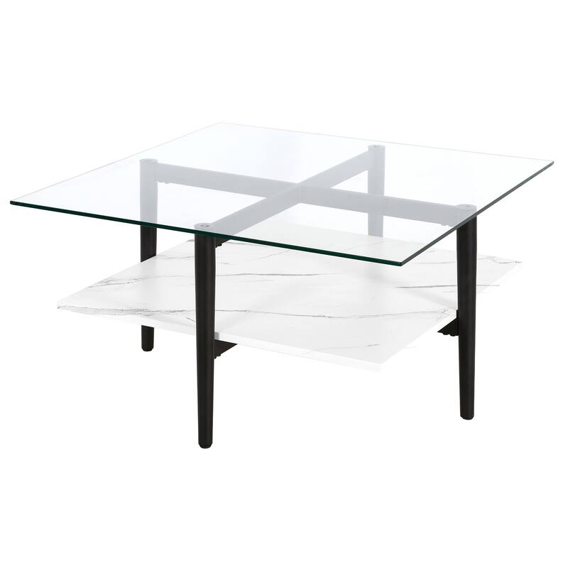 32" Square Modern Coffee Table with Glass Top and Metal Legs Lower Shelf Storage for Living Room - 32"L x 32"W x 17"H