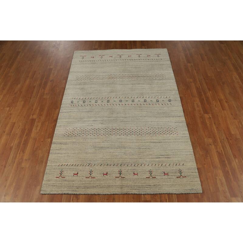 Hand Knotted Oriental 100% Wool Carpet Tribal Animal Pictorial Beige & Ivories Gabbeh Area Rug - 7' 9'' X 5' 1''
