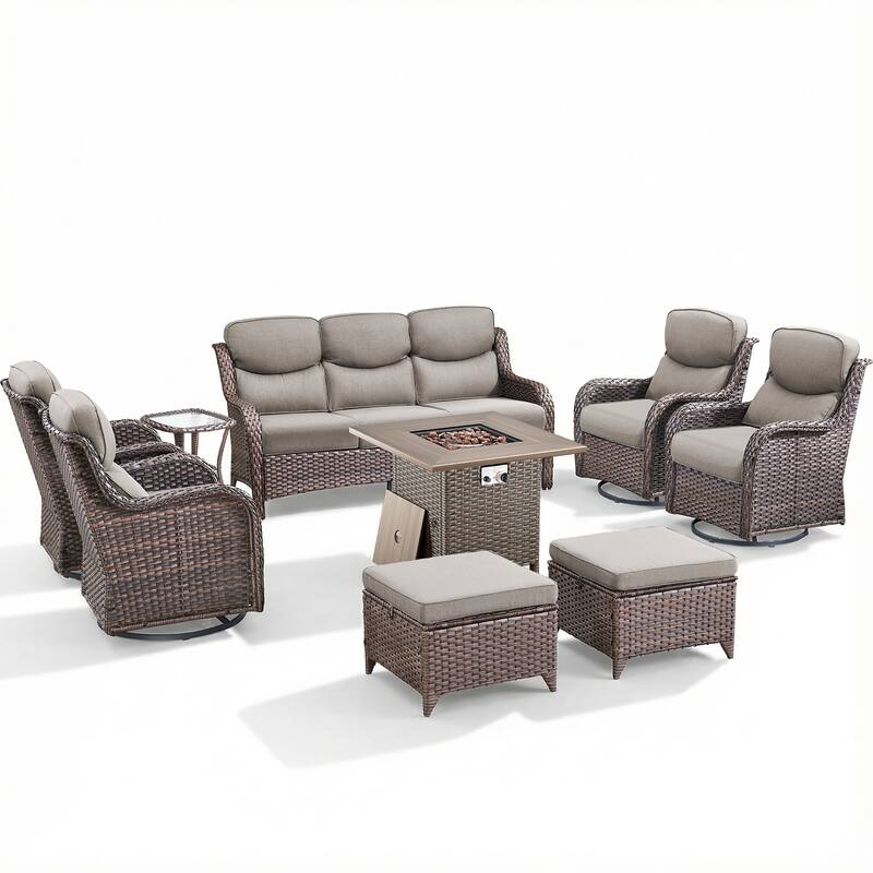 Pocassy Outdoor Propane Fire Table w/ Sofa Swivel Chair Ottoman Funiture Set.