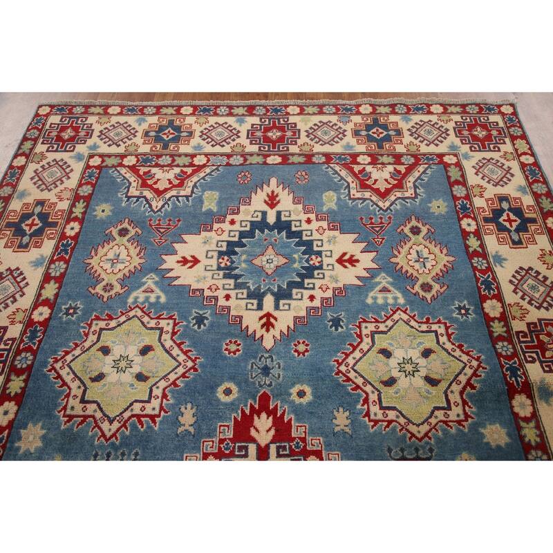Hand Knotted Oriental 100% Wool Carpet Traditional Geometric Navy Blue & Blues Kazak Area Rug - 9' 10'' X 6' 8''