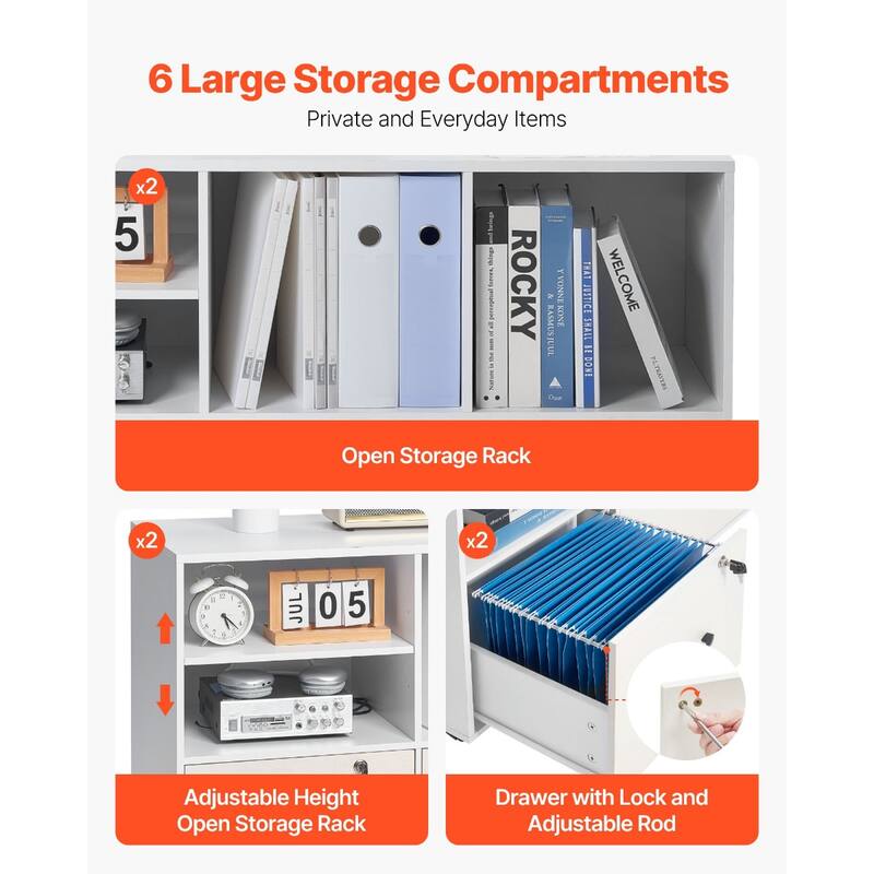 White Particle Board Mobile File Cabinet with 2 Lockable Drawers 4 Shelves and Casters