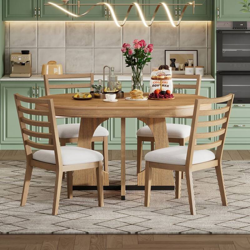 5-Piece Solid Wood Retro Rustic Functional Dining Set with 16" Removable Middle Leaf