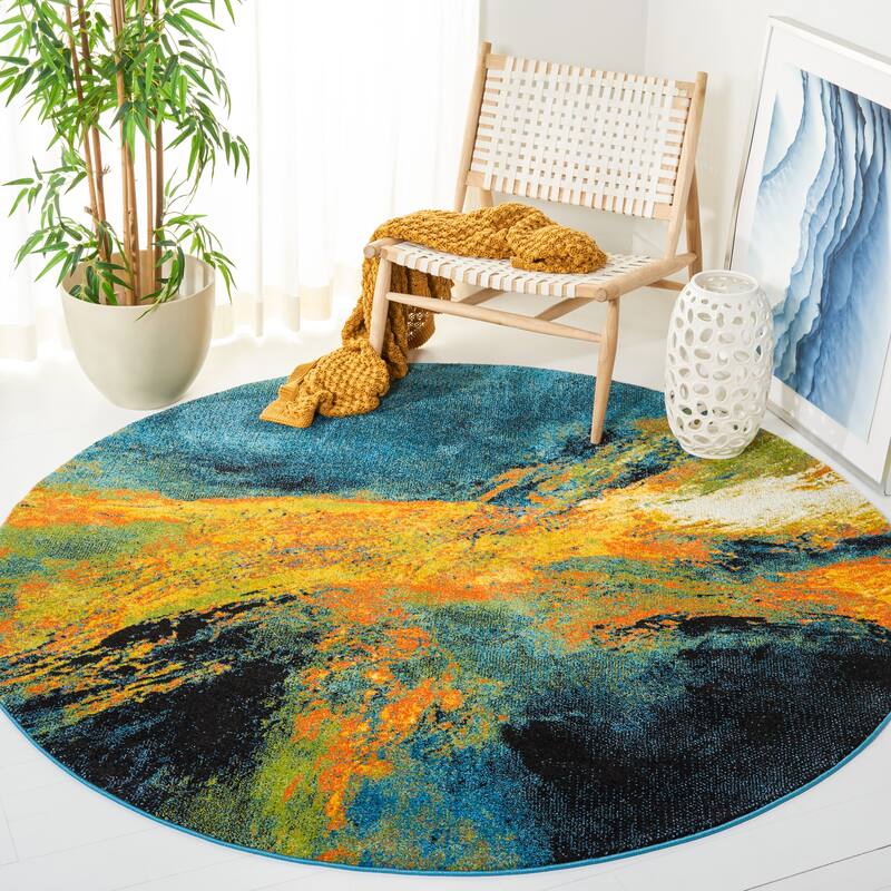 SAFAVIEH Galaxy Consuela Modern Abstract Rug - 6'7" x 6'7" Round - Blue/Yellow