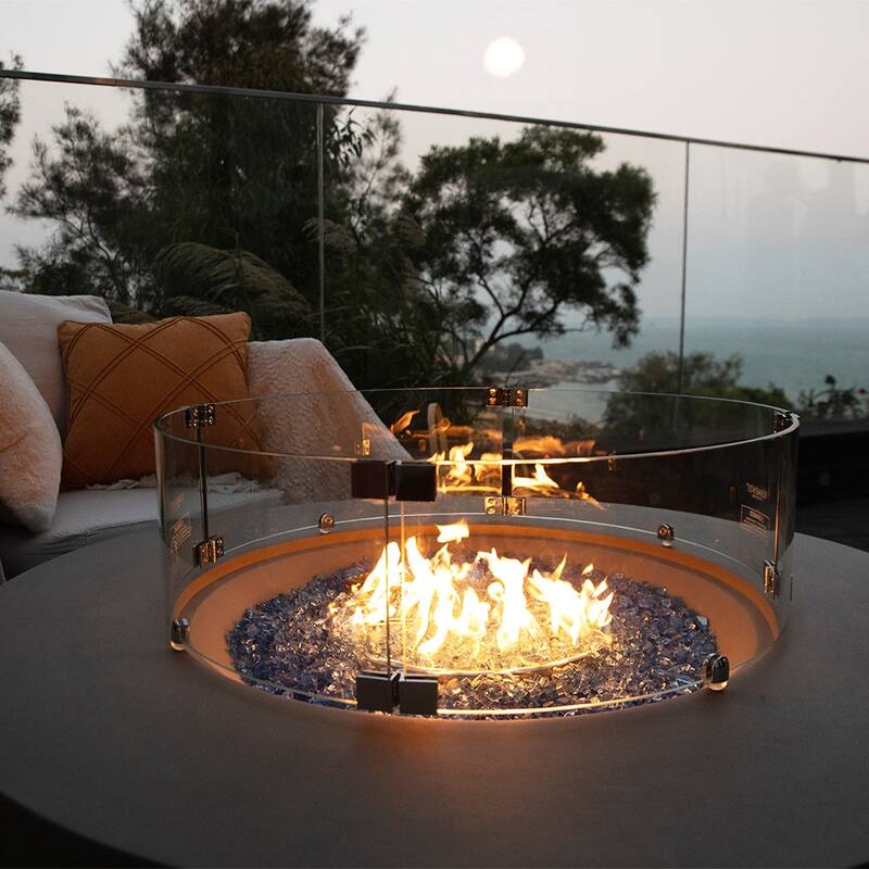 Elementi Plus Colosseo Outdoor Fire Pit Table Concrete Round 60000 BTU - 40.9 x 40.9 inches with Lid, Fire Glass, and Cover