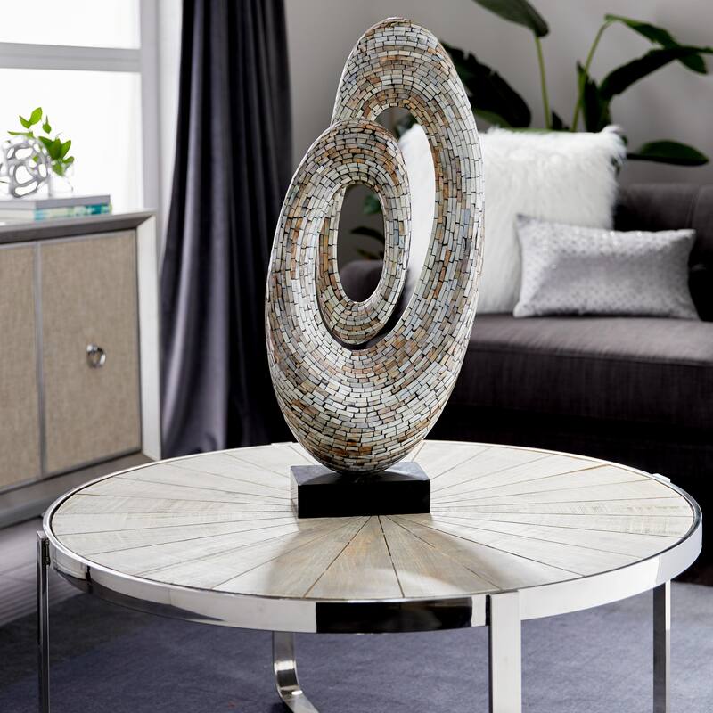 Mother of Pearl Shell Abstract Swirl Decorative Sculpture with Black Base - Gray or White - Roche River Decor