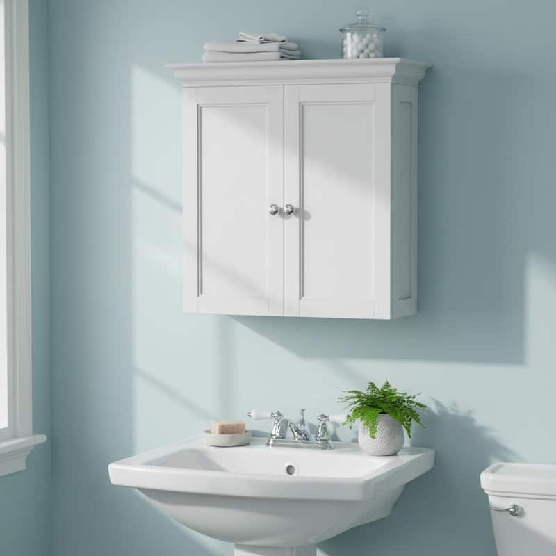 Teamson Home Stratford Removable Wall Cabinet 2 Doors, Adjustable Shelves, Crown Molding, Beveled Inlays for Bathroom Storage