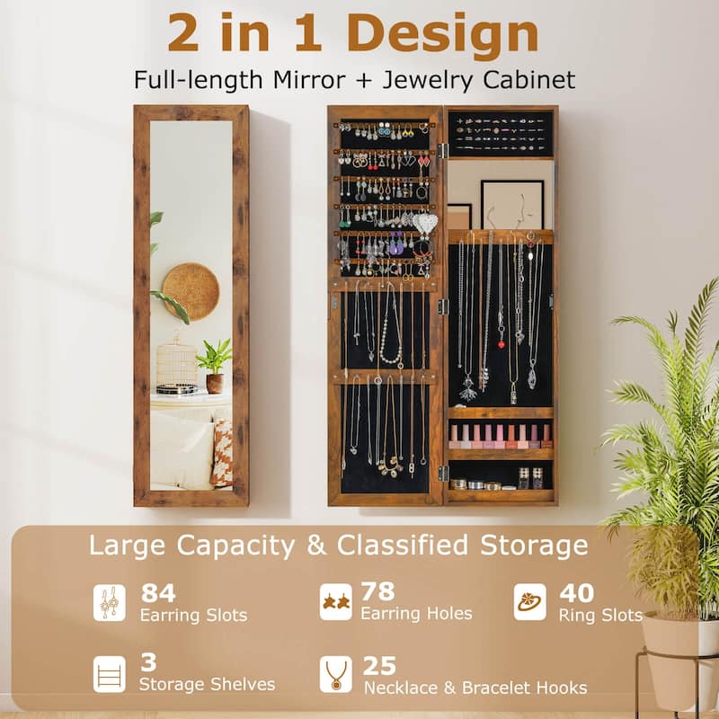 Costway Wall Mounted Jewelry Cabinet Door Hanging Jewelry Armoire with - See Details