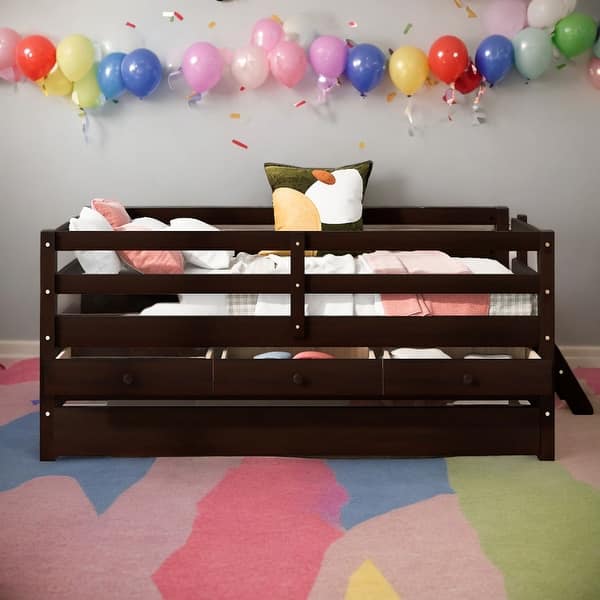 slide 2 of 16, Modern Twin Size Low Loft Bed With Full Safety Fence,Climbing Ladder,Storage Drawers and Trundle Espresso