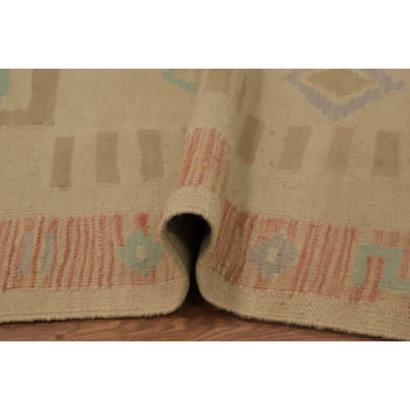 Hand Woven Oriental 100% Wool Carpet Southwestern Tribal Beige & Ivories Kilim Runner Rug - 11' 7'' X 2' 6''