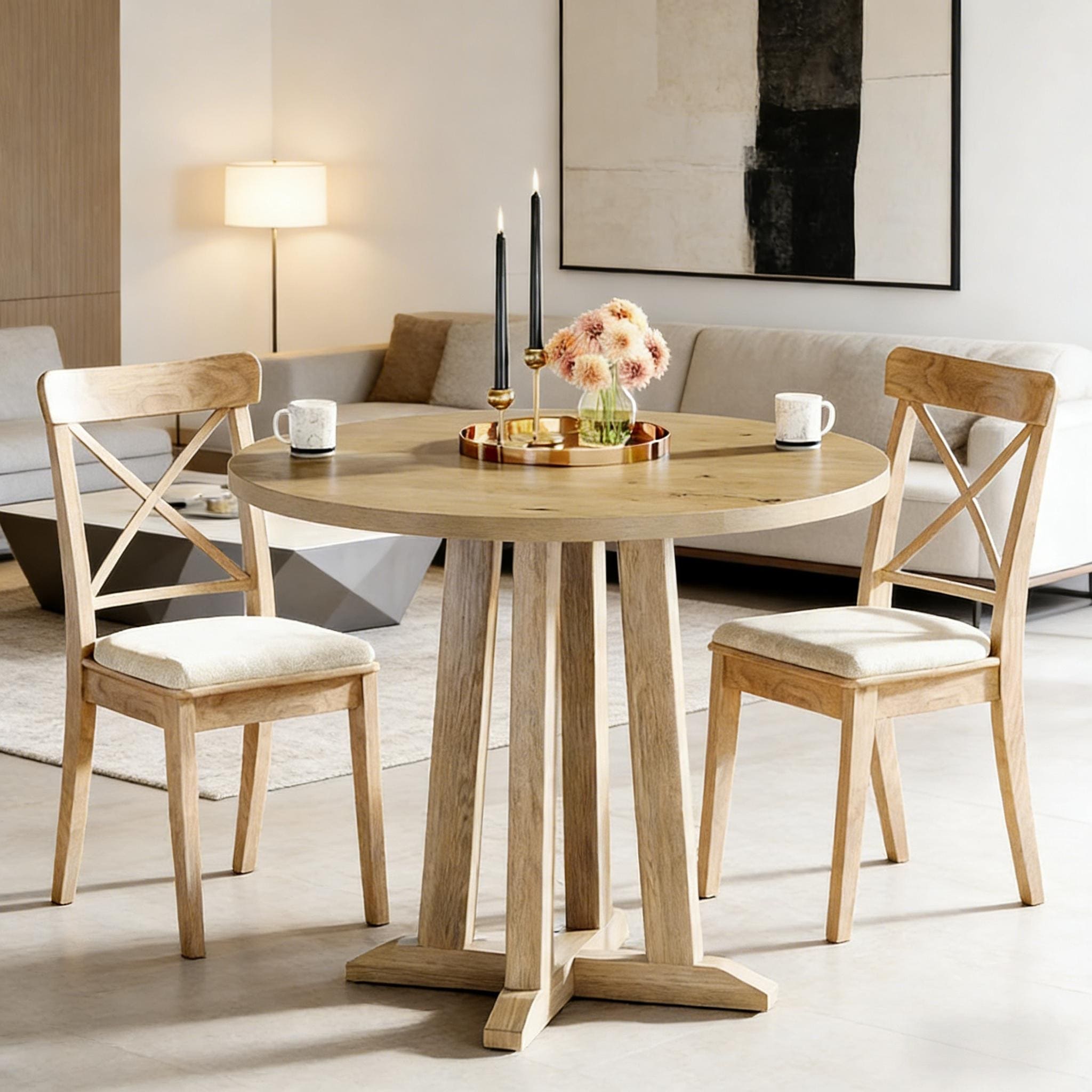 Home Office Table Round Dining Table for 2-4 People, Wood Kitchen Table Meeting Table with Inspired Leg Base