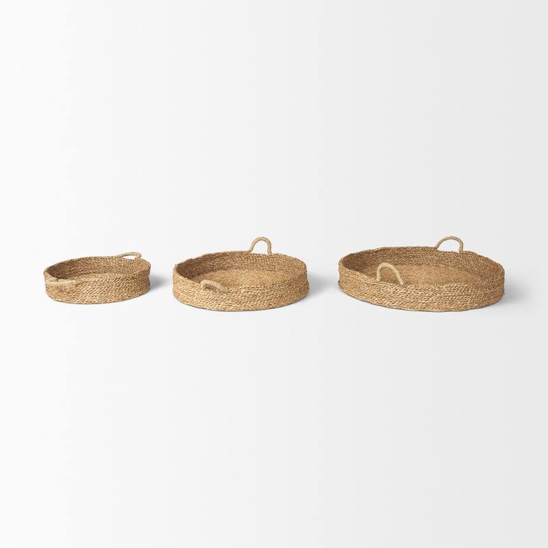 Ulana Brown Seagrass Round Nesting Trays With Handles (Set of 3) - 26.4L x 26.4W x 3.9H
