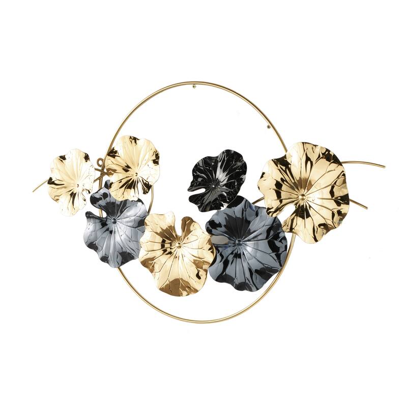 Gold Stainless Steel Metal Floral Home Wall Decor with Circular Frame and Black Accents