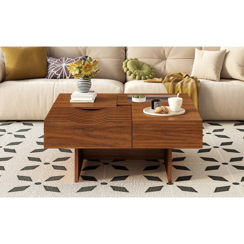 33" Solid Wood Square Coffee Table with Drawers & Wave Design